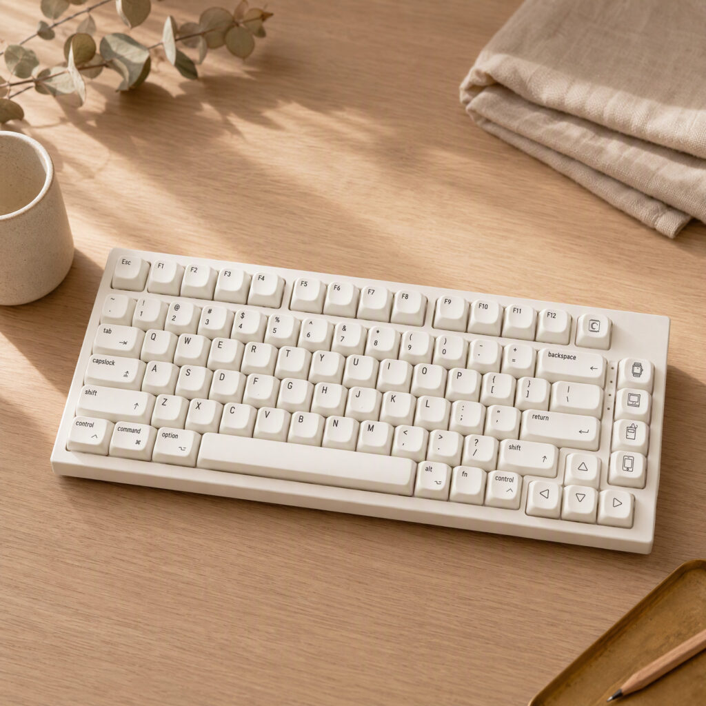 Cream white MOA keycap set on a 65% keyboard, styled on a warm oak desk