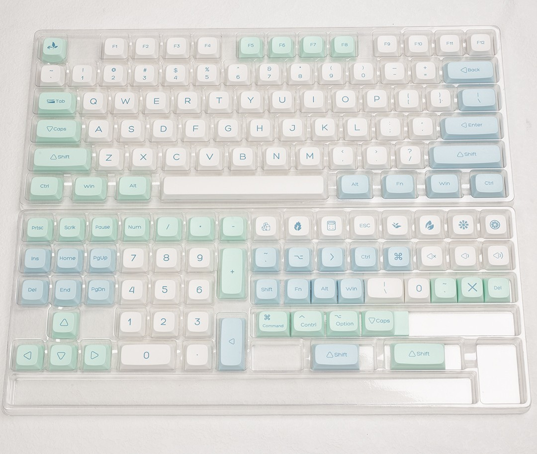 The complete 139-key layout laid out flat, main block above and numpad, arrows and Mac modifiers below