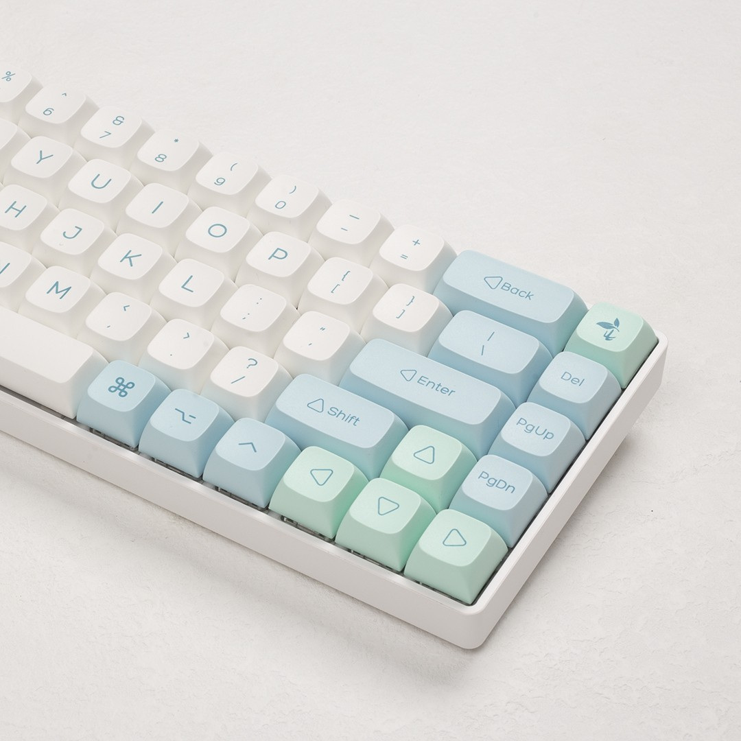Right side of the board showing pale blue navigation keys, Enter-shift and the mint arrow cluster