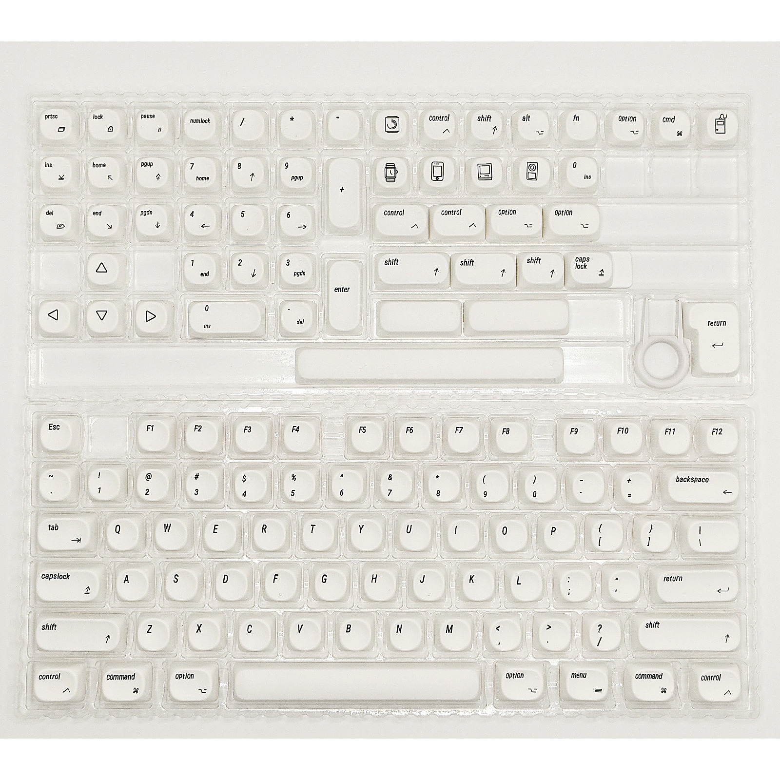 Full 129-key MOA keycap set laid out flat, English legends