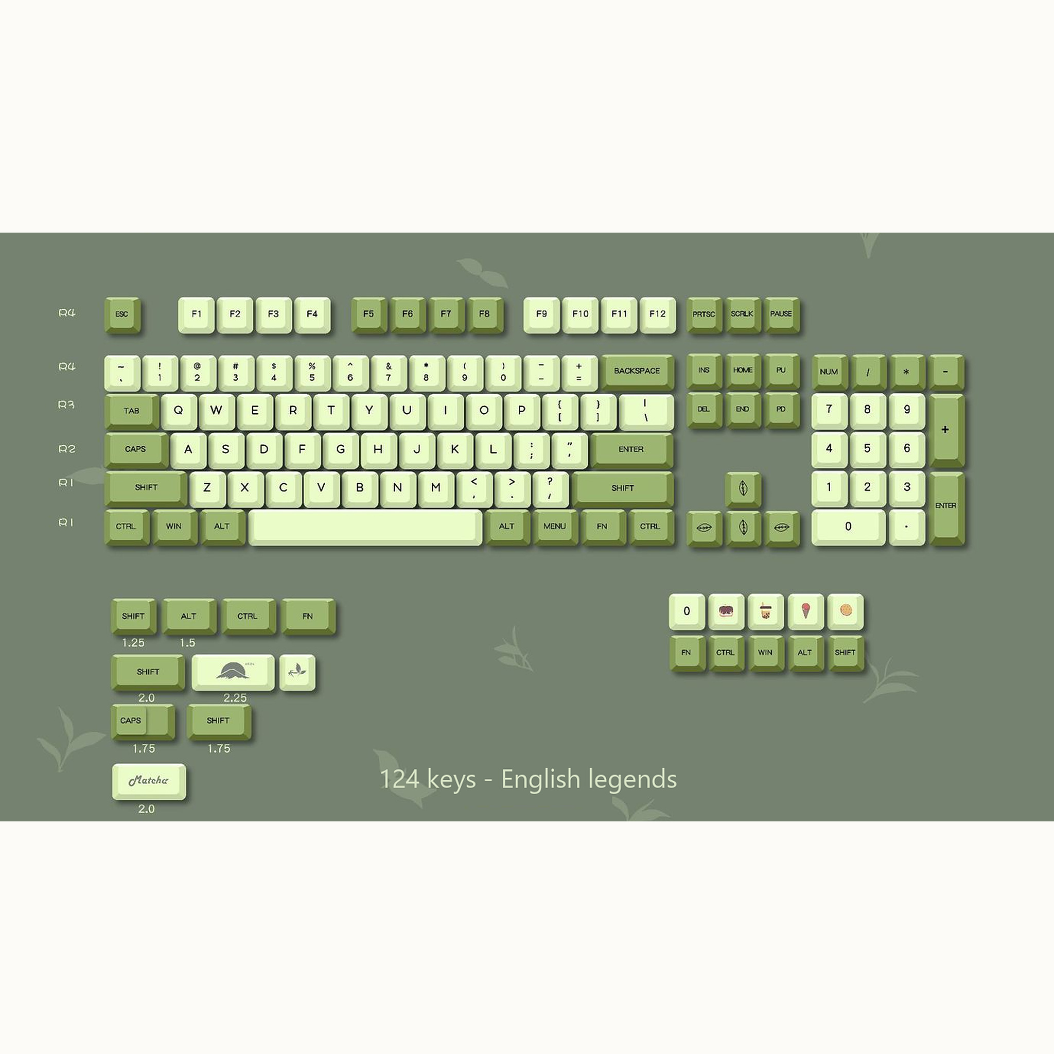 Full 124-key Matcha keycap set laid out by row, English legends, including the spare modifiers and number pad