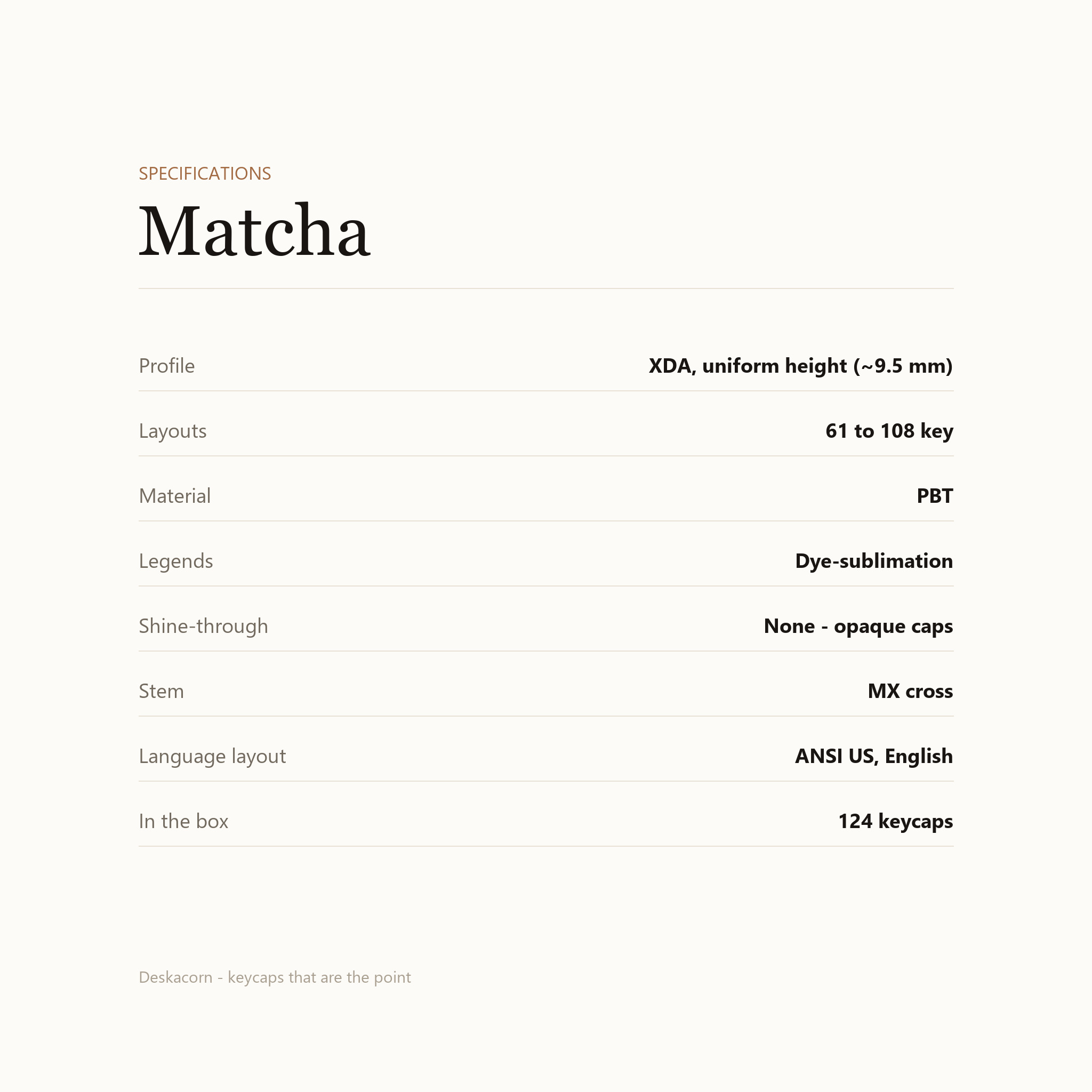 Matcha keycap set specification card: 124 keys, XDA uniform profile, PBT dye-sublimated, opaque caps, MX stem, fits 61 to 108 key boards
