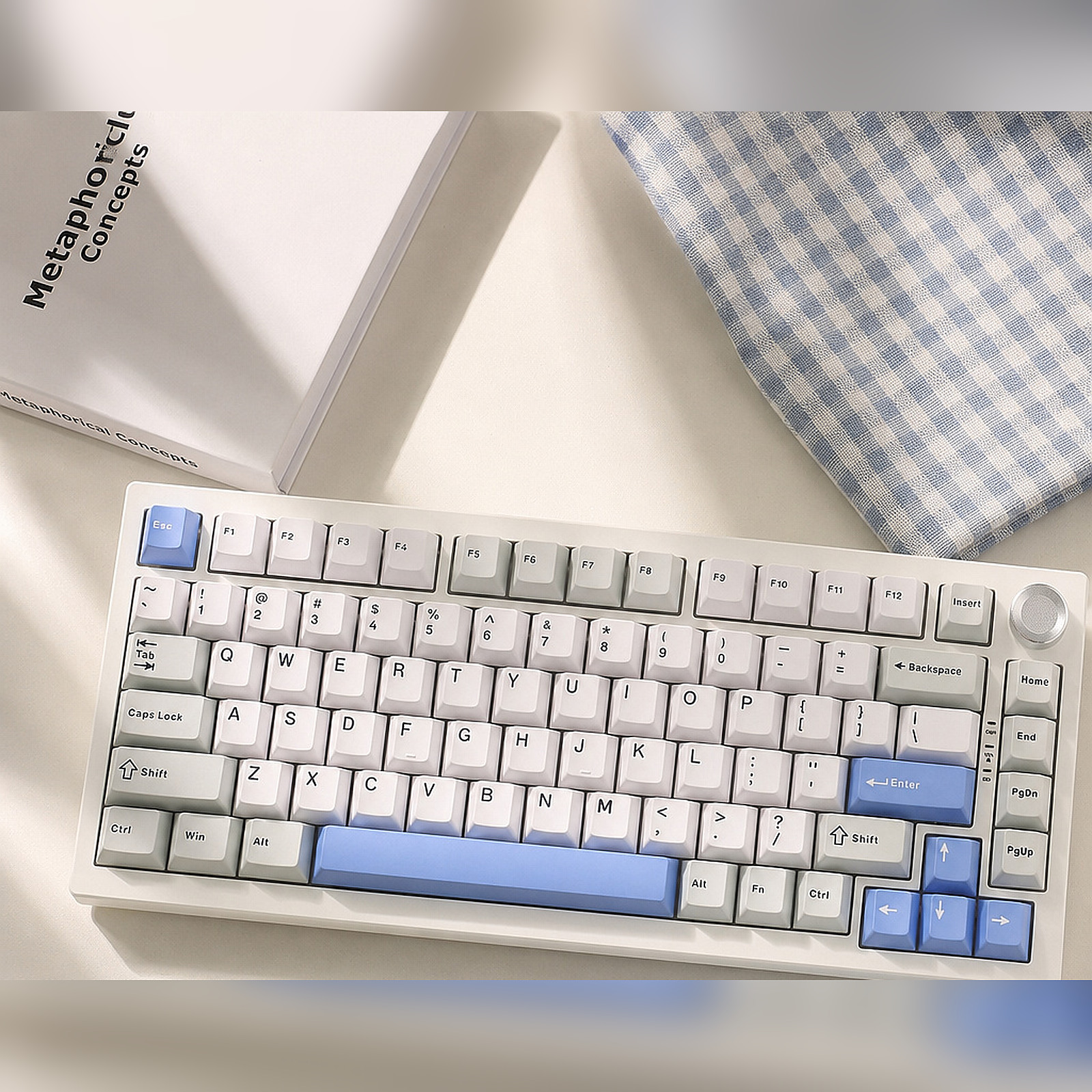 Maple Keycap Set in Blue White Grey, the keycaps