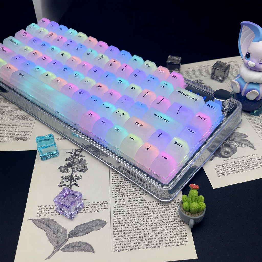 Angled view of the frosted White Jade keycaps showing the MDA row sculpt and wide dished tops