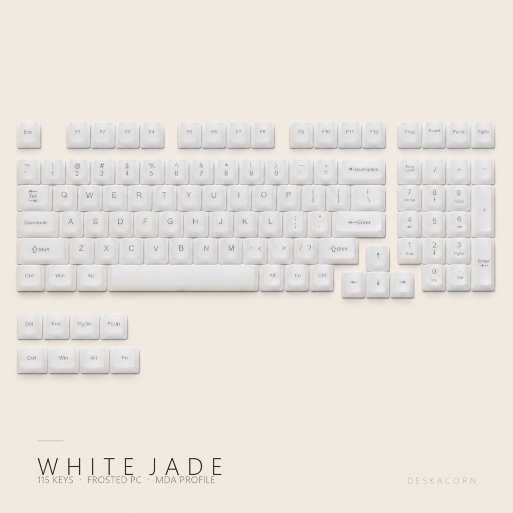 White Jade MDA Keycap Set, the complete board on a desk
