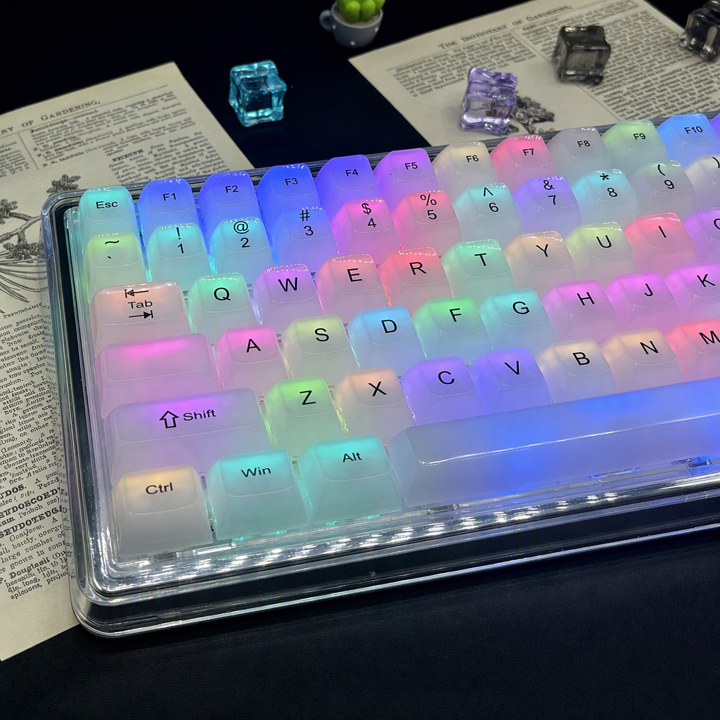 White Jade MDA Keycap Set in Top print, the complete board on a desk