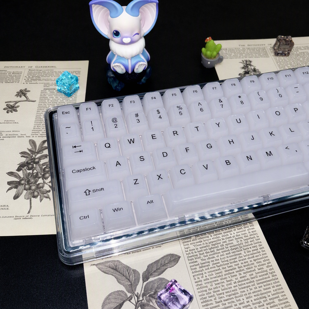 Frosted white polycarbonate MDA keycaps on a clear acrylic keyboard with the backlight off
