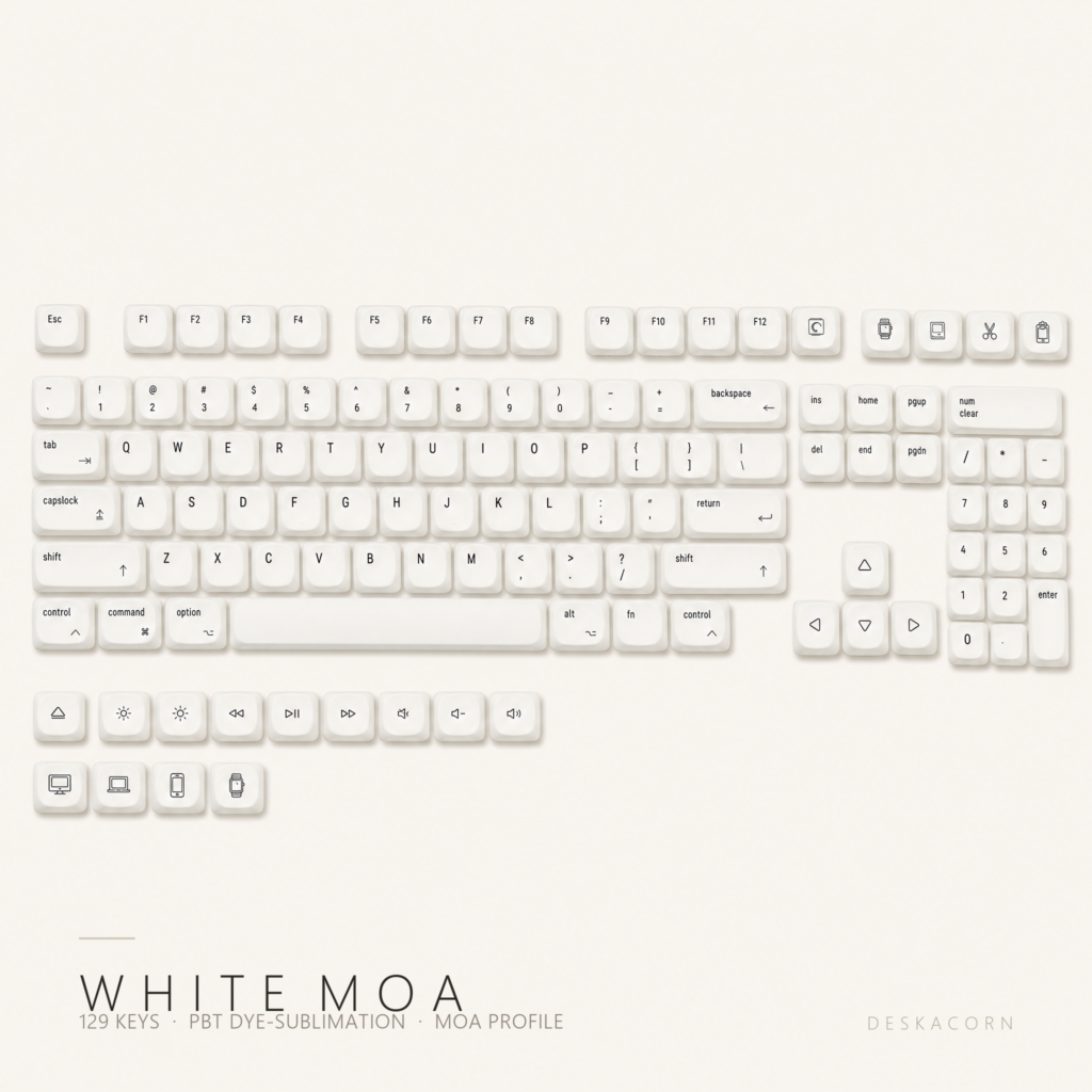 White MOA Keycap Set, the complete board on a desk